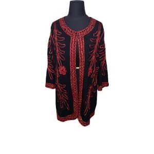 Catherines Black Red Embroidered Open Front 3/4 Sleeve Duster Cardigan 1X NWT